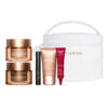 Set Clarins: Extra-Firming, Anti-Ageing, Day, Cream, For Face, 50 ml + Extra-Firming, Anti-Wrinkle, Night, Cream, For Face, 50 ml + Extra-Firming, Firming, Cream, For Neck & Decollete, 15 ml + Total Eye, Lift, Eye Serum, 7 ml + Wonder Perfect, Volumizing, Mascara, 01, Black, 4 ml *Miniature + Clarins, Zippered, GWP Textile Pouch, White