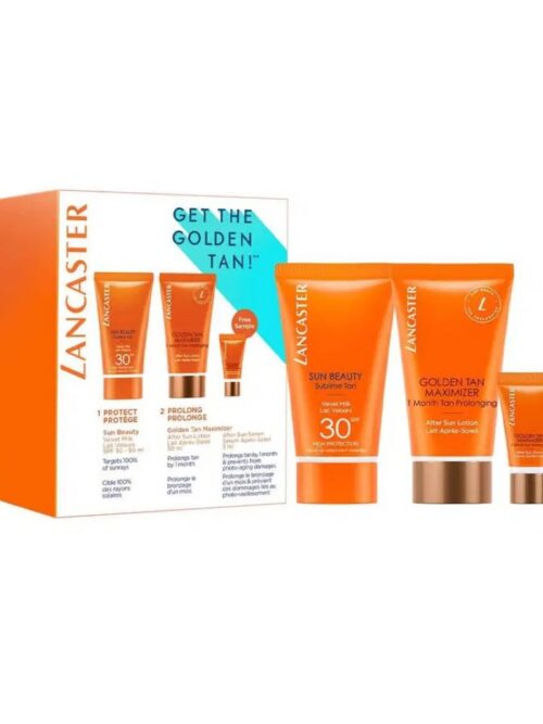 Get The Golden Tan! Set Lancaster: Golden Tan Maximizer, Buriti Oil, Anti-Wrinkle, After-Sun Serum, 3 ml + Golden Tan Maximizer, Hydrating & Soothing, After-Sun Lotion, 15 ml + Sun Beauty, UV Protection, Sunscreen Lotion, SPF 30, 15 ml